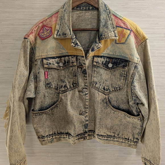 Vintage Jackets & Blazers - Vintage Gitano Acid Wash Denim Jacket Southwestern Pastel With Fringe Large